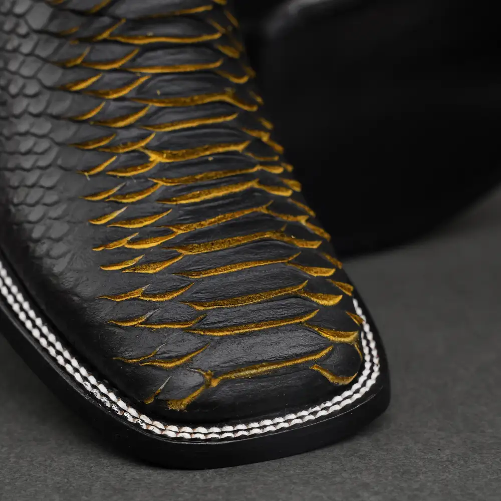 Black/Yellow Python Leather Boots - Square Toe