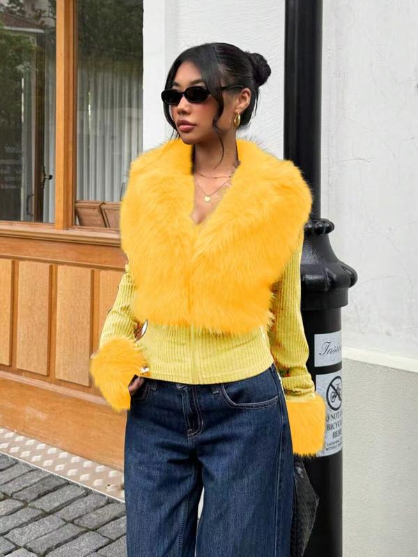 Women's Fashion Street Style Patchwork Knit Faux Fur Jacket, Zipper Long Sleeve Coat, Fall & Winter Thick Fabric, Casual Wear