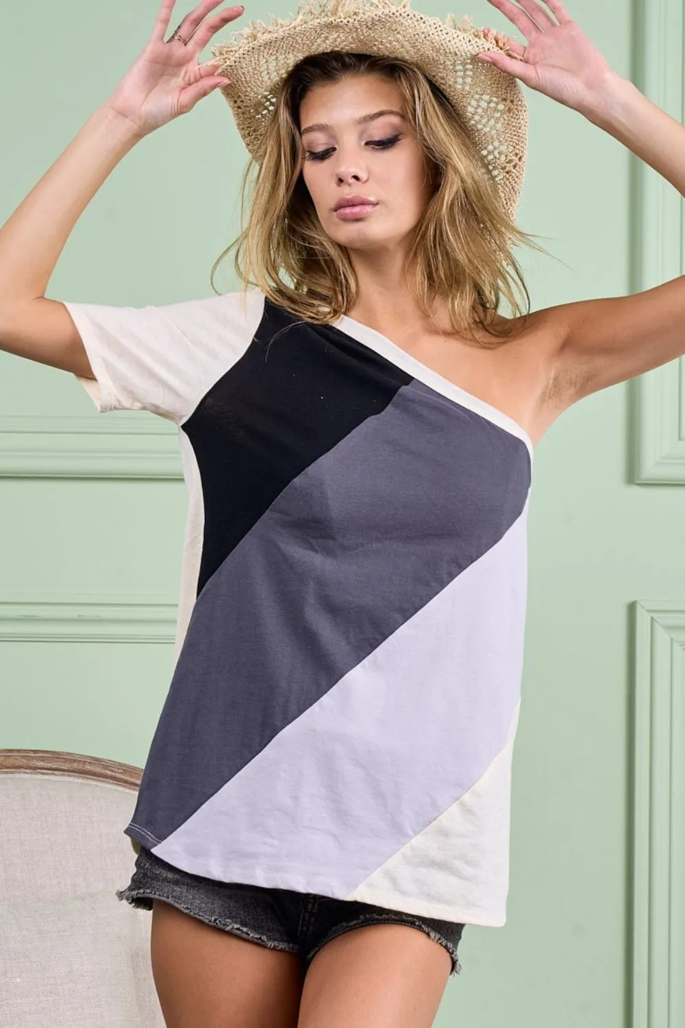 Cotton Color Block One Shoulder Top