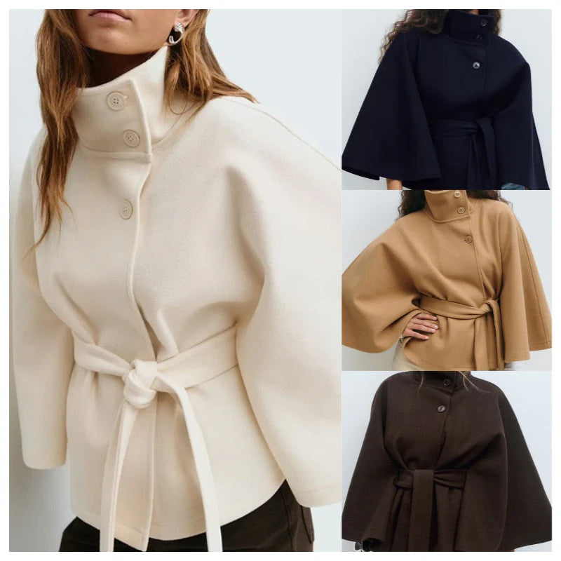 Women's cape-style coat with stand-up collar and belt