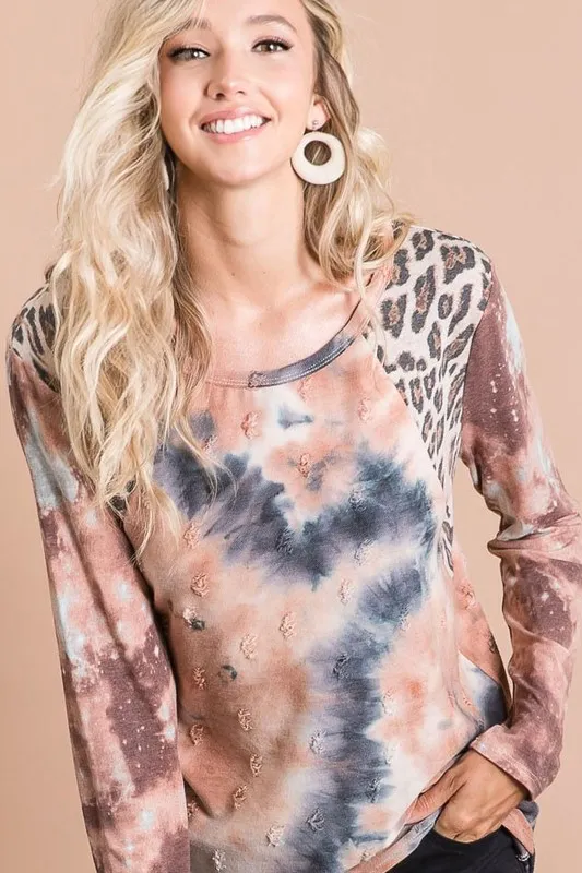 Tie Dye Distressed Knit Top with Leopard Shoulder