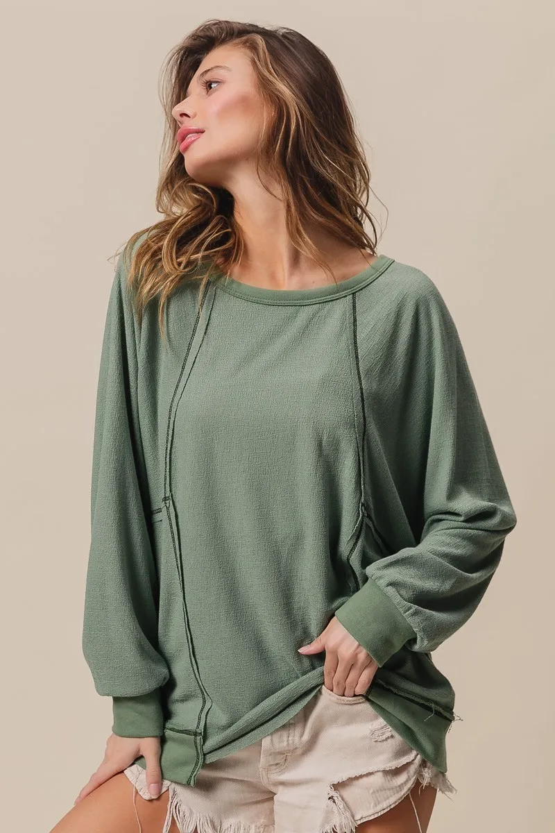 Cross Hatch Knit Uneven Hem Cont Lslv Top