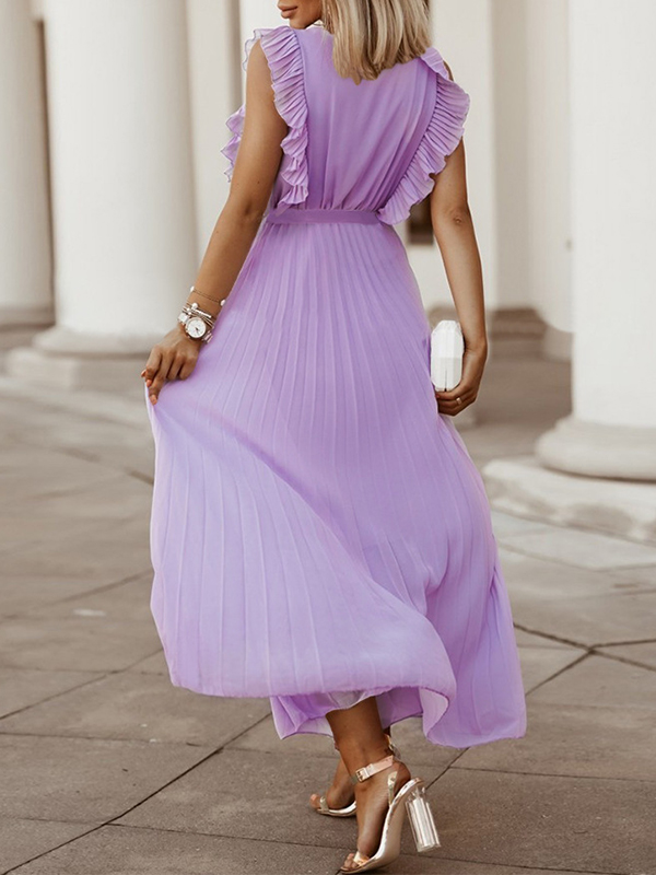 Floral Pleated Solid Color Split-Joint Tied Waist Loose Sleeveless V-Neck Maxi Dresses