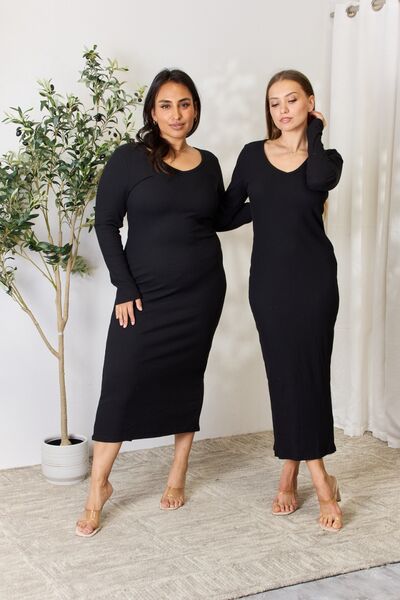 Full Size Ribbed Long Sleeve Midi Slit Dress