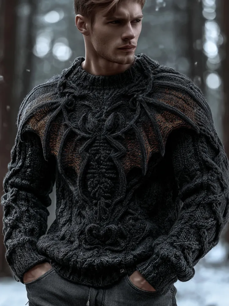Men's Halloween 3d Embroidered Bat Dark Wind Coarse Needle Sweater