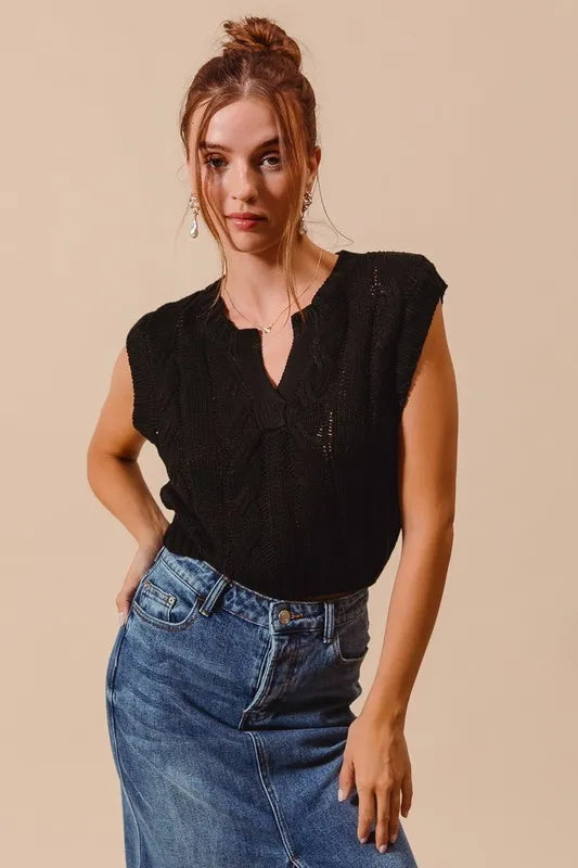 Notched Neck Cable Knit Sweater Vest