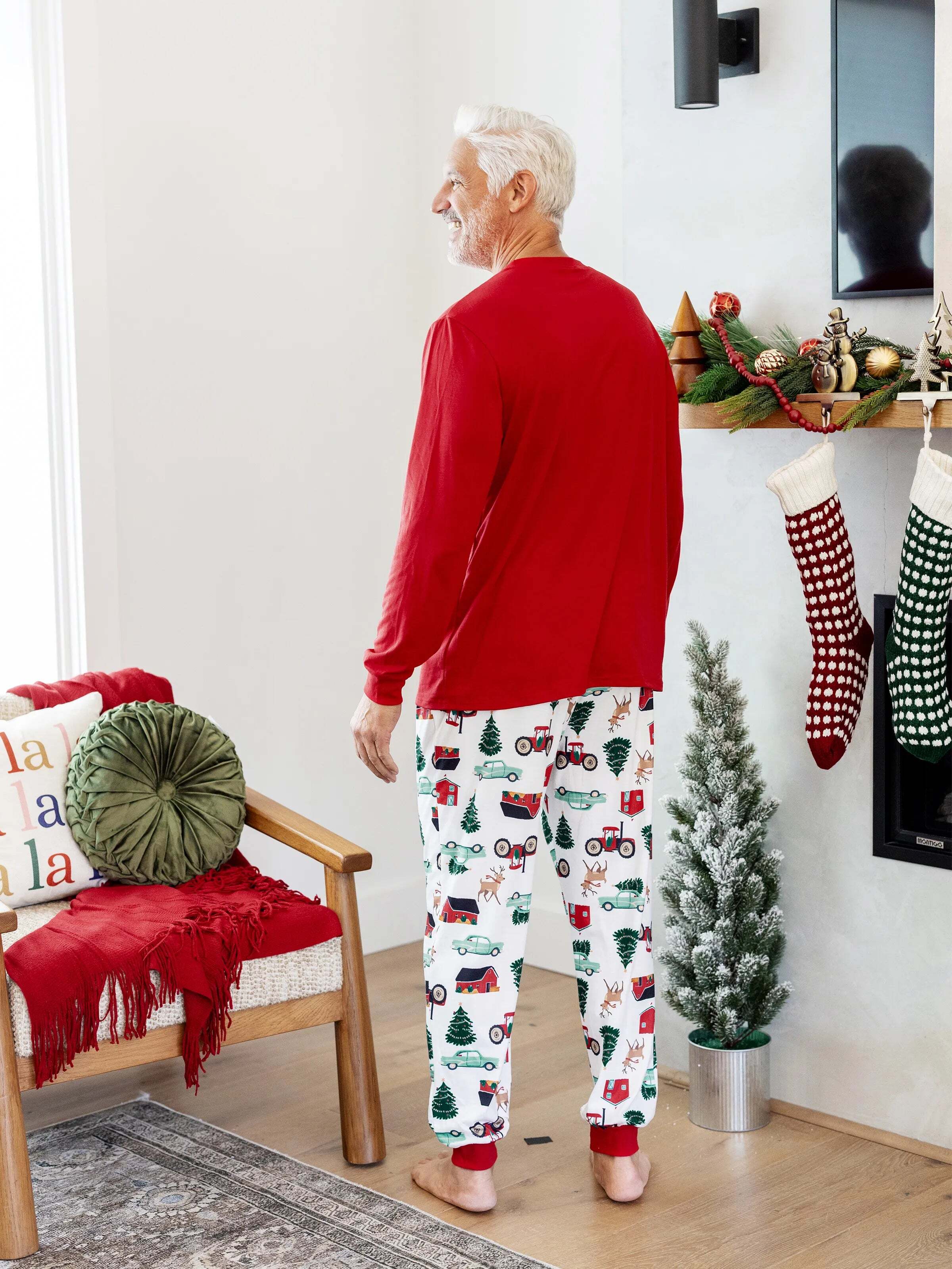 Christmas Matching Family Pajamas Set Reindeer and Car Print PJS with Christmas Socks Red