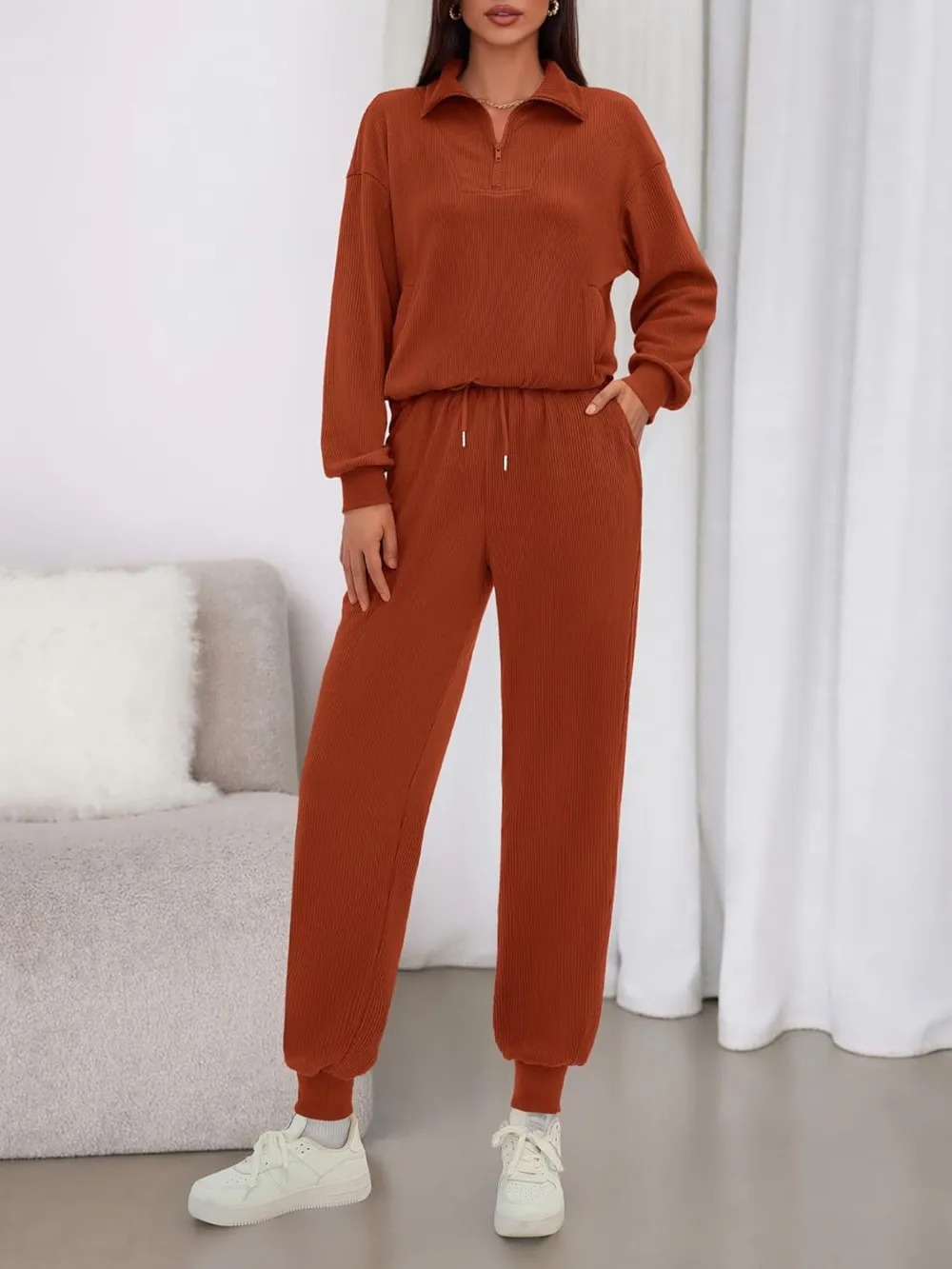 Women's Long Sleeve Half Zip Sweatshirt Sweatpants Lounge Set Sweatsuits with Pockets