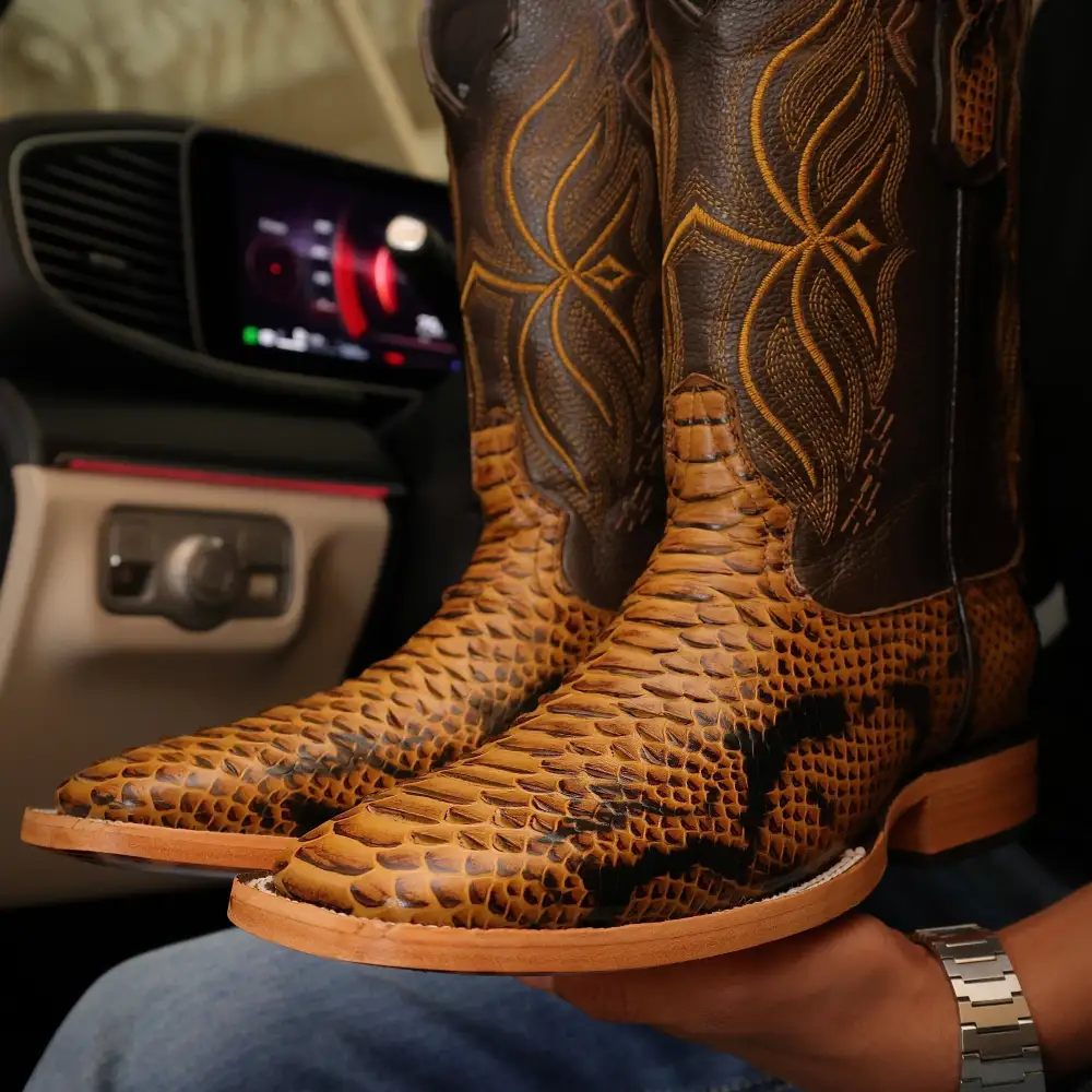 Honey Python Leather Boots — Square Toe