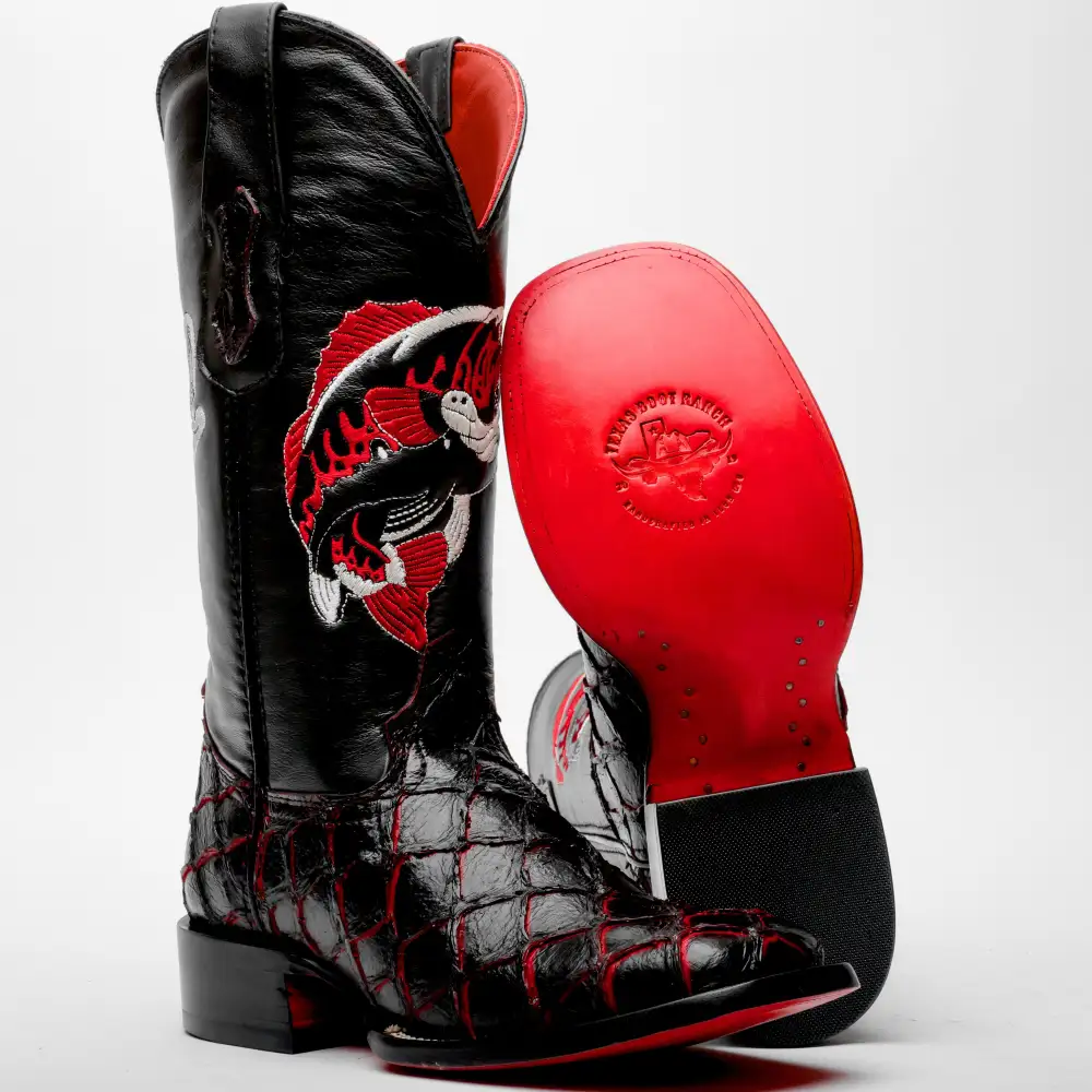 Black Cherry Pirarucu Leather Boots - Square Toe