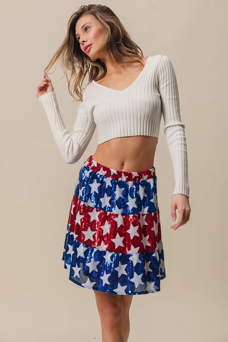 American Flag Theme Star Sequin Tiered Skirt