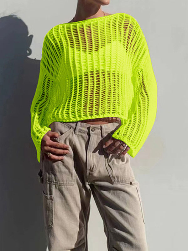 Hollow See-Through Solid Color Sun protection Long Sleeves Loose Round-neck Pullovers Knitwear Cover-Ups Tops