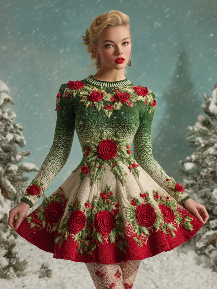 Women's Vintage Christmas Holly Leaves And Rose Gradient Knitted Midi Dress