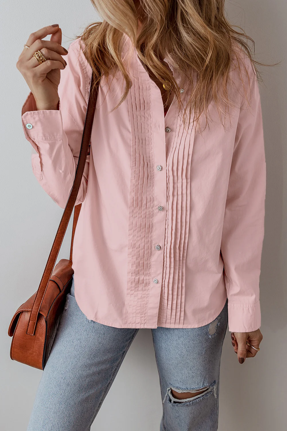 Light Pleated Button-Up Loose Fit Casual Shirt