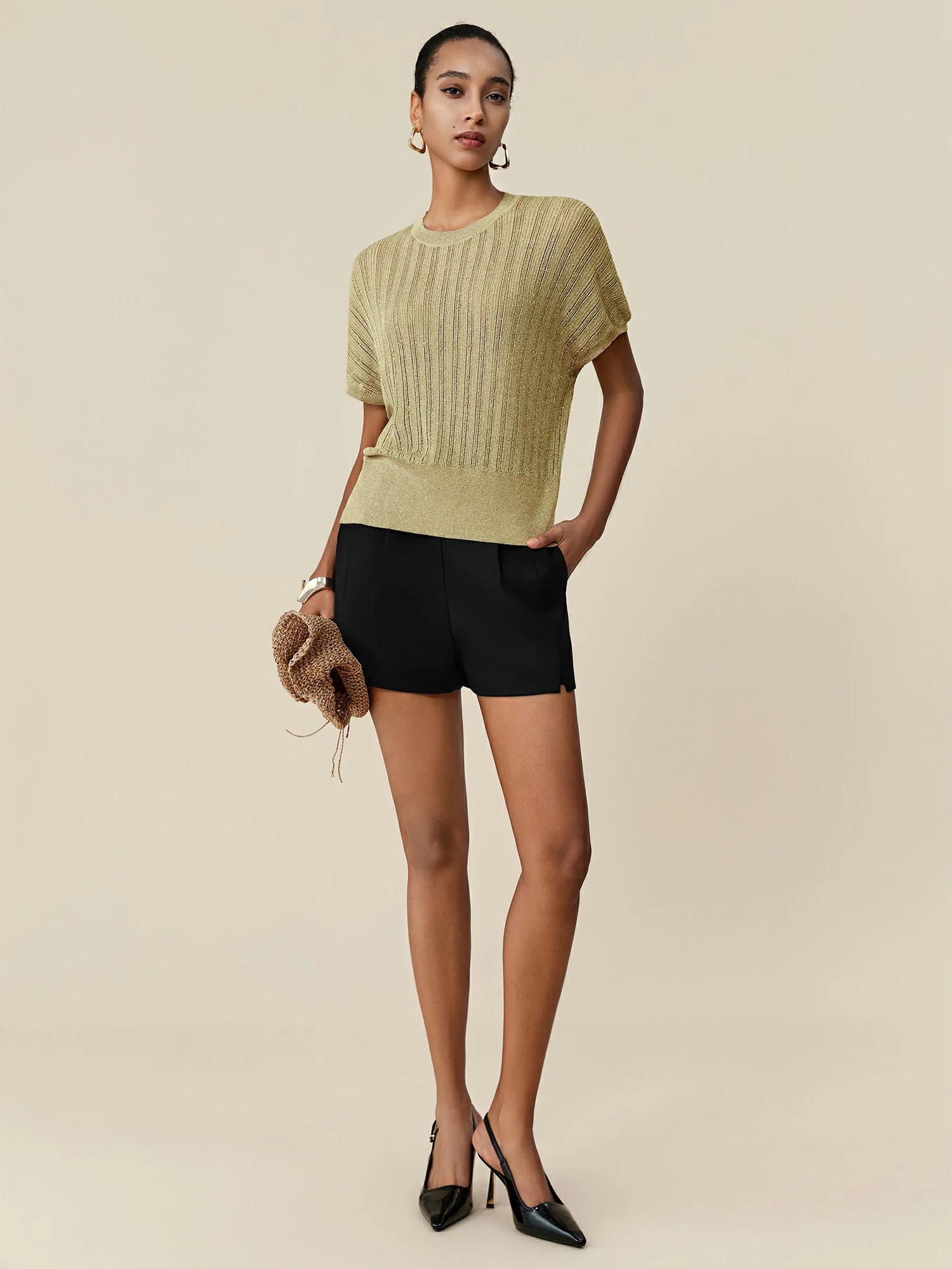 Round Neck Batwing Sleeve Glitter Knit Top