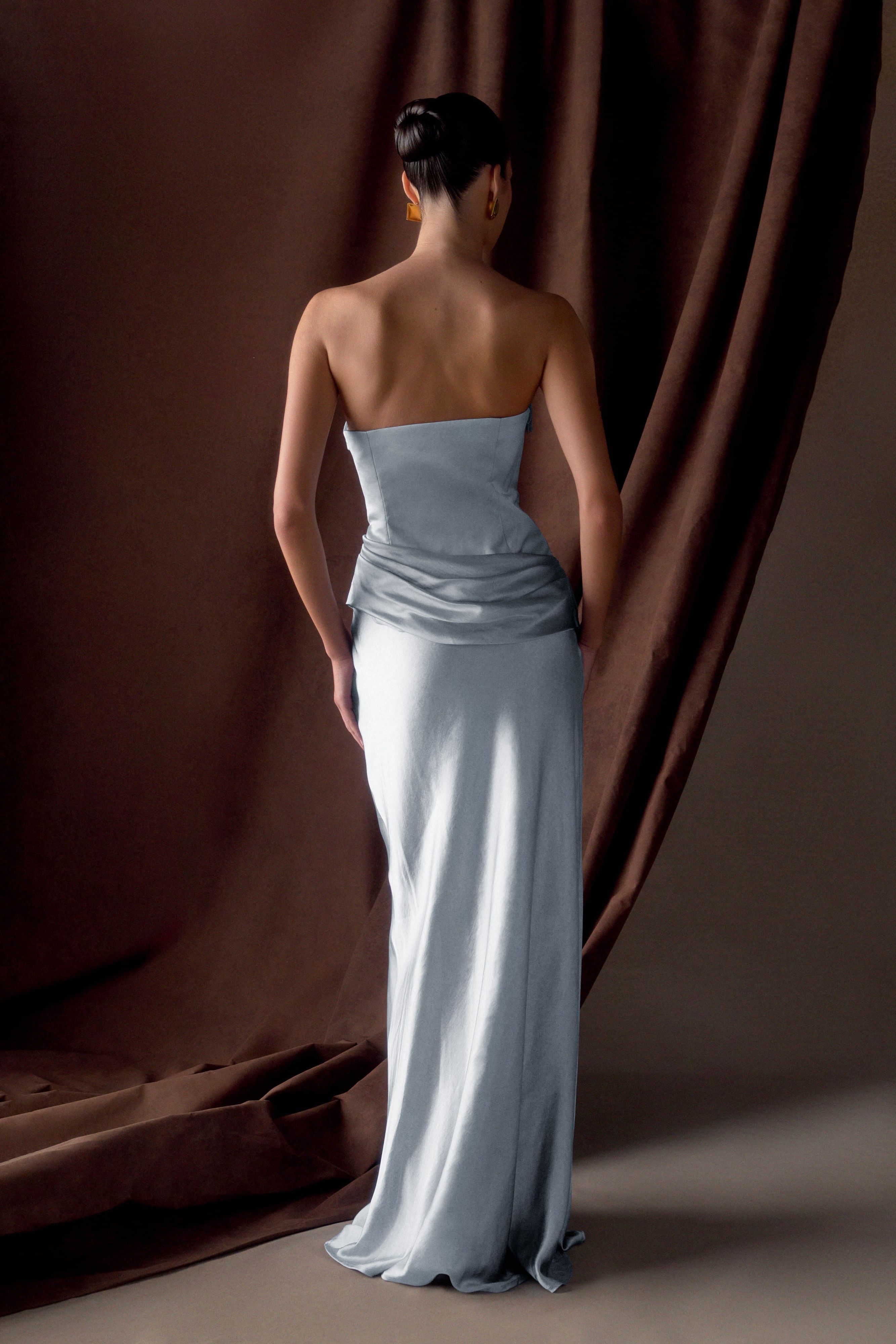 Blue Strapless Satin Maxi Dress