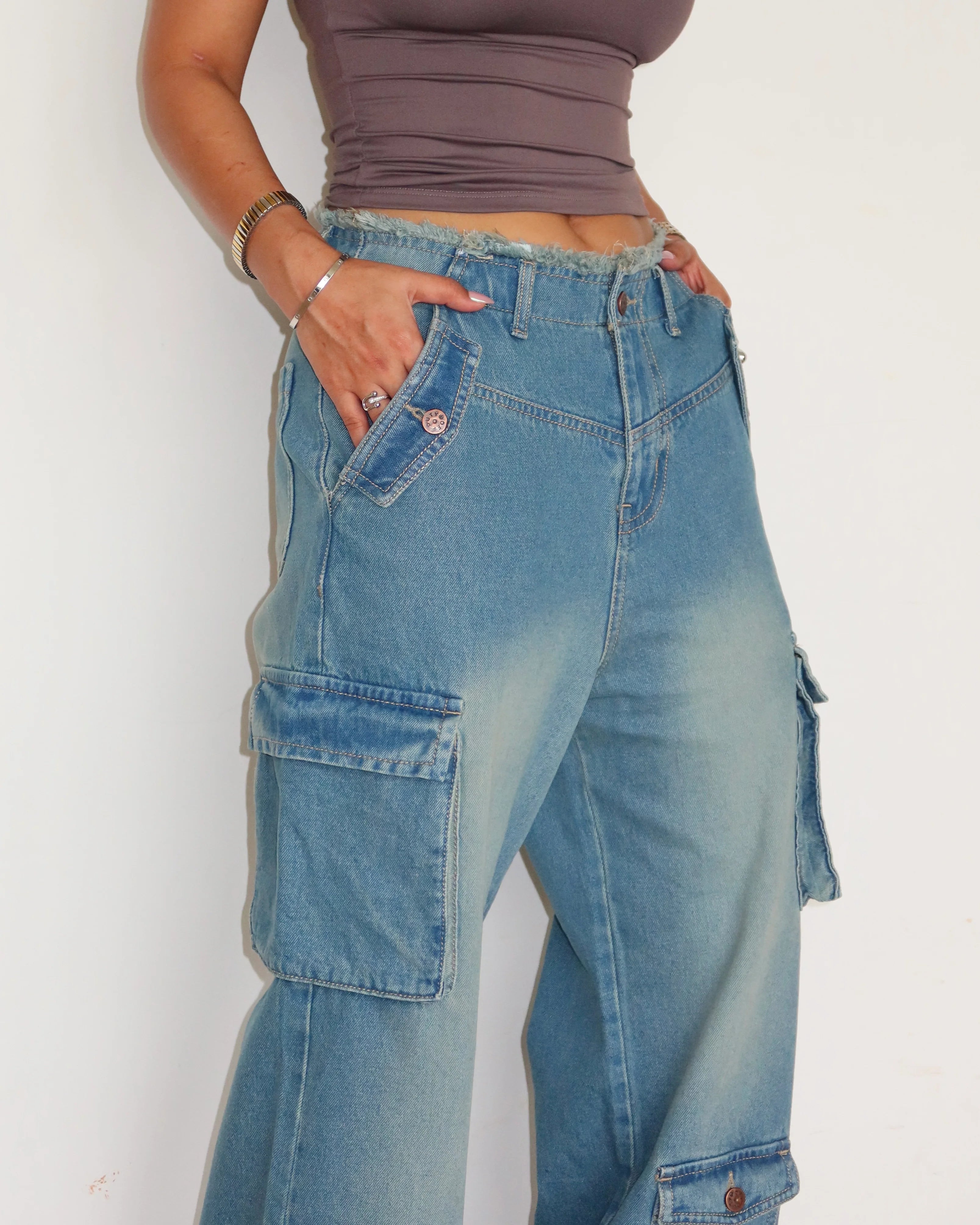 Lunar Grey Raw Waist Baggy Wide Leg Cargo Jeans