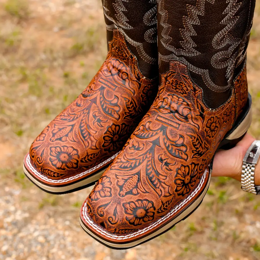 Cognac Hand-Tooled Leather Boots - Composite Toe