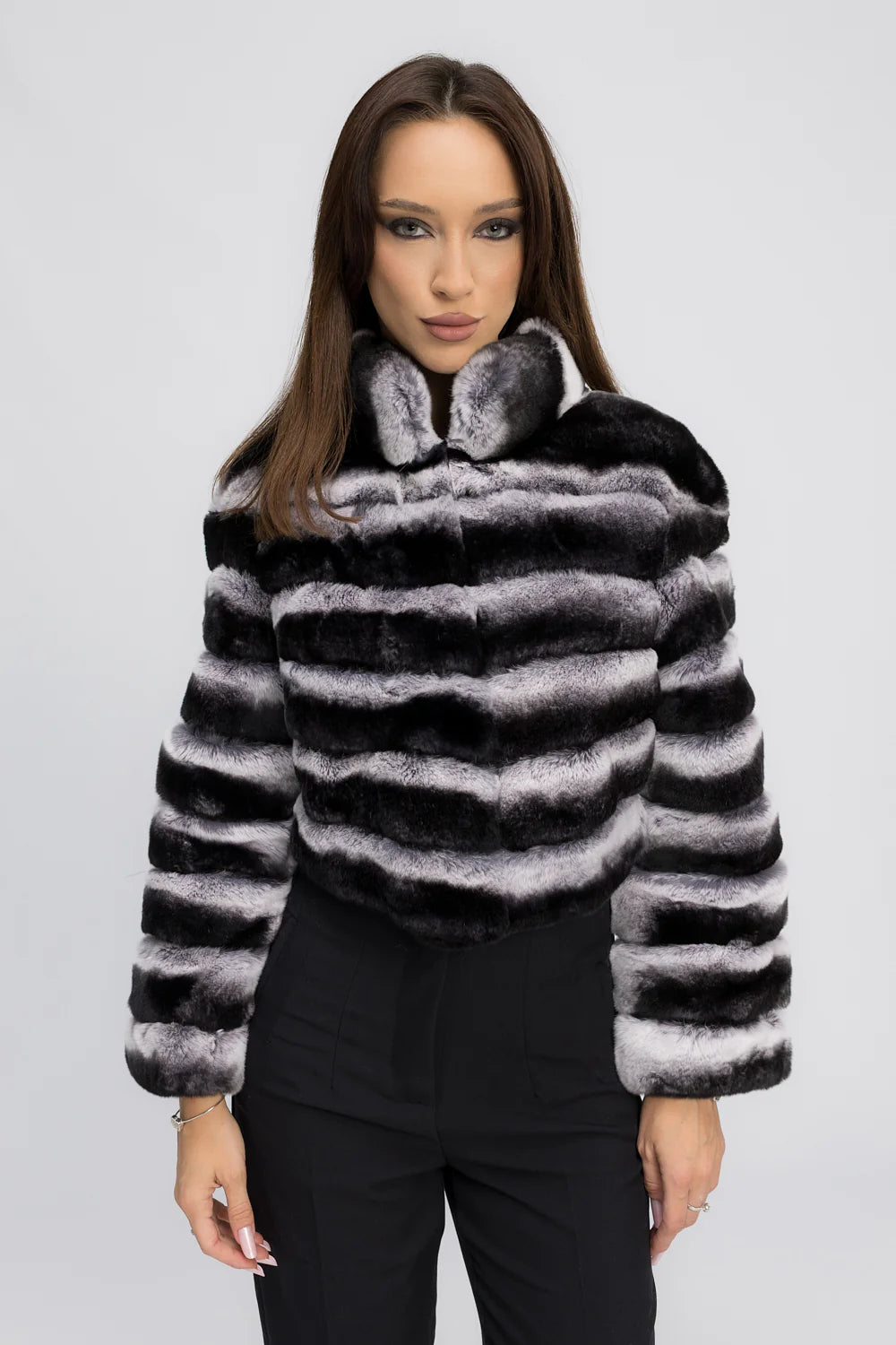 Haină din Blană Naturală de Rex Chinchilla, cu Guler Tunică, Femei, Shadow Mist 463