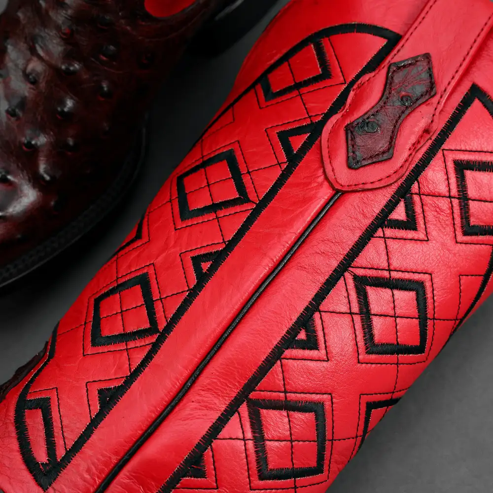 Black Cherry Ostrich Leather Boots - Square Toe