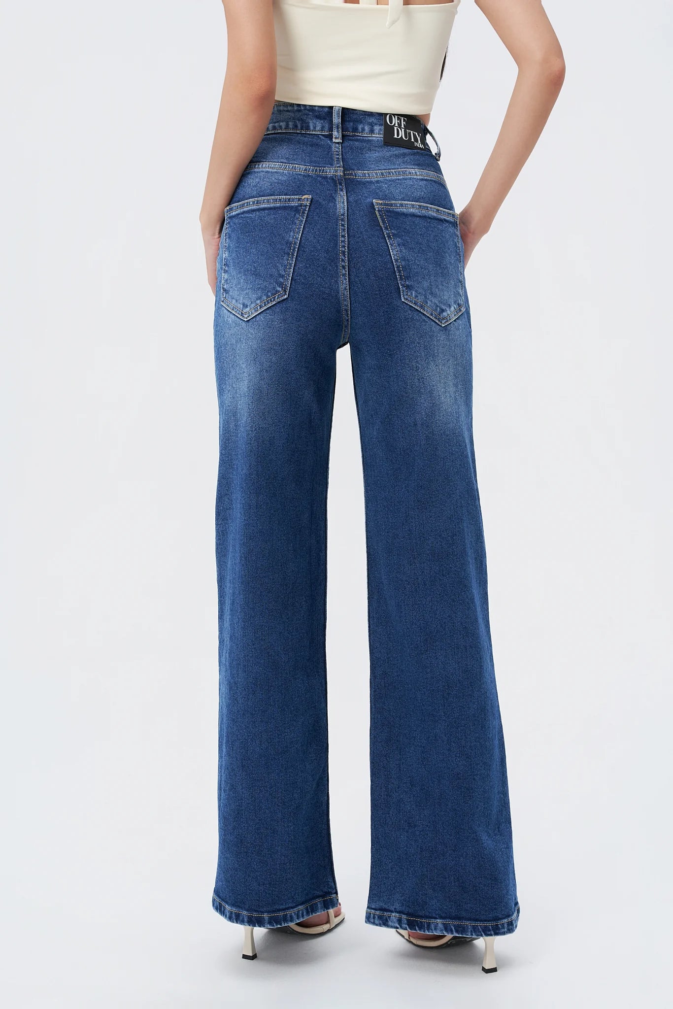 Mid Blue Overcast Wash High Waist Wide Leg Jeans