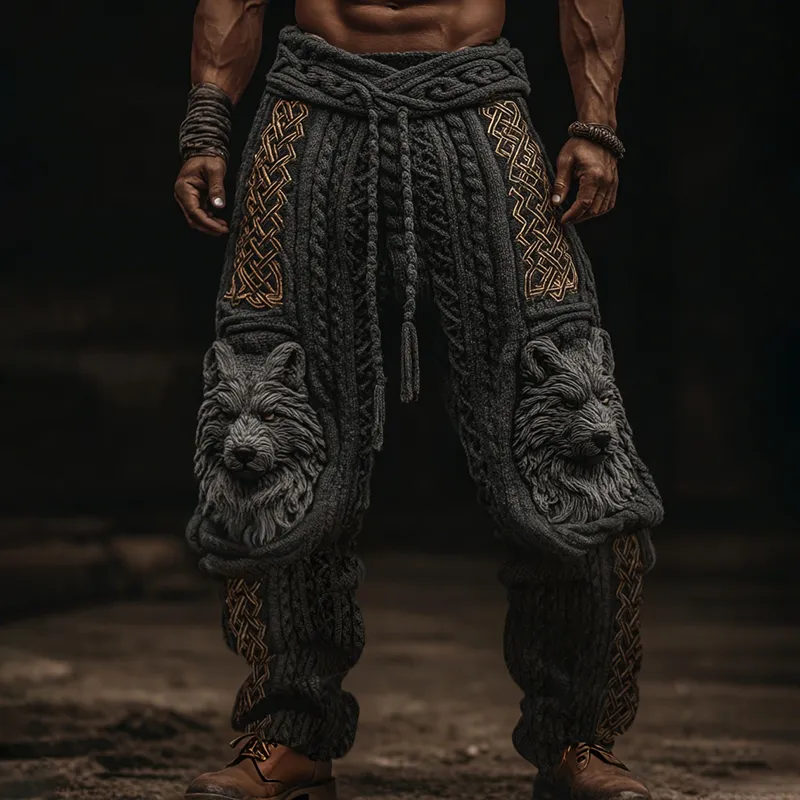 Men's Vintage Viking Wolf Celtic Knot Cozy Chunky Knit Sweatpants