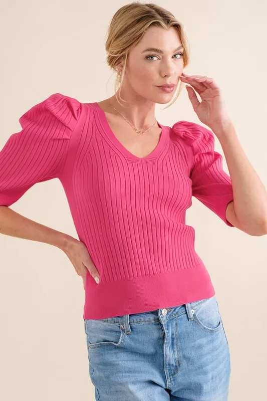Puffed Half Sleeve Rib Basic Top
