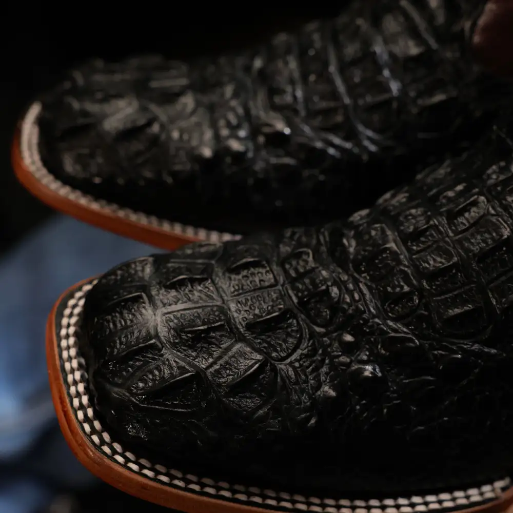 Black Caiman Leather Boots - Square Toe