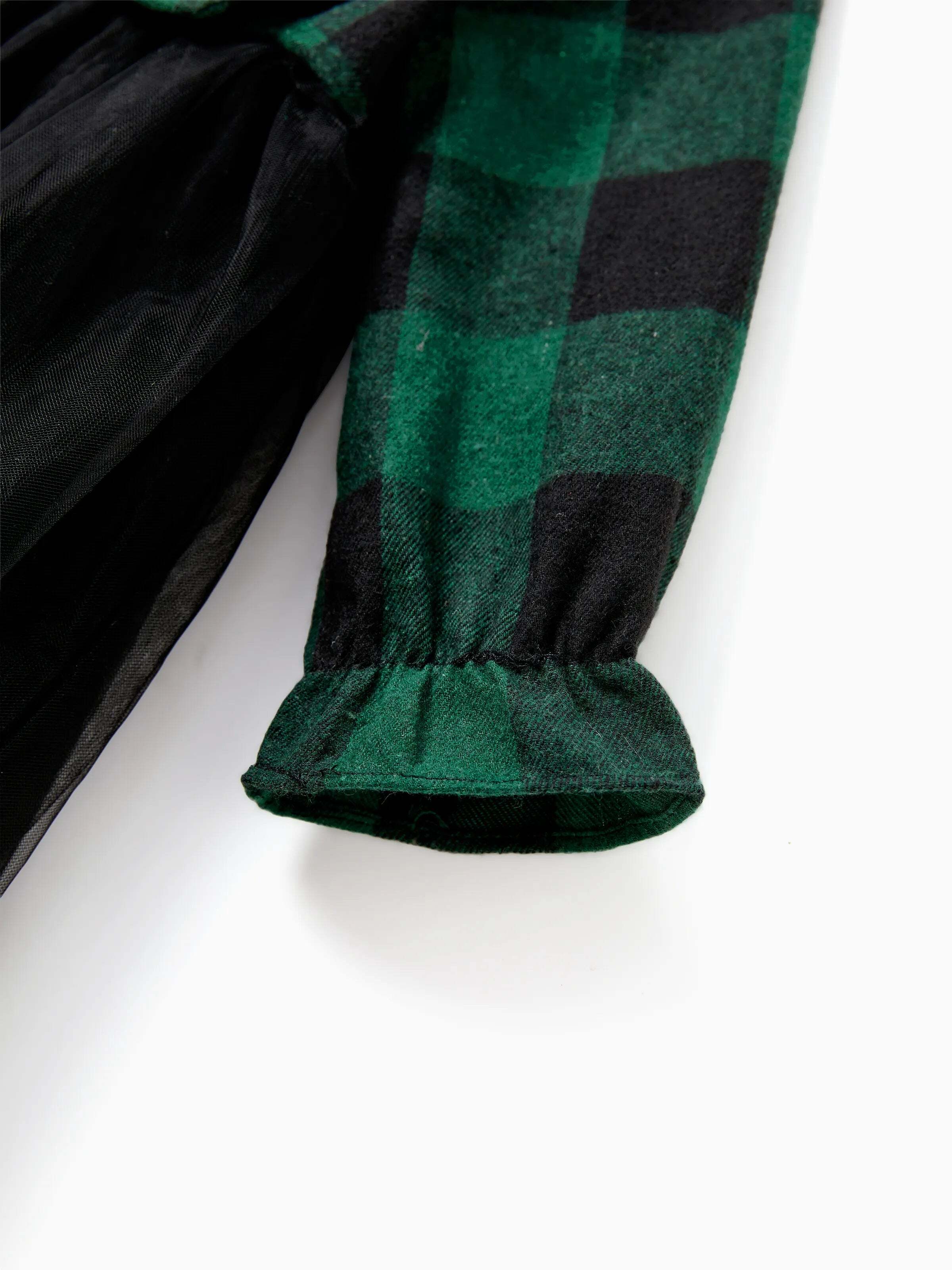 Family Matching Sets Green Plaid Long Sleeves Shirt or Tulle Mesh Dress DarkGreen