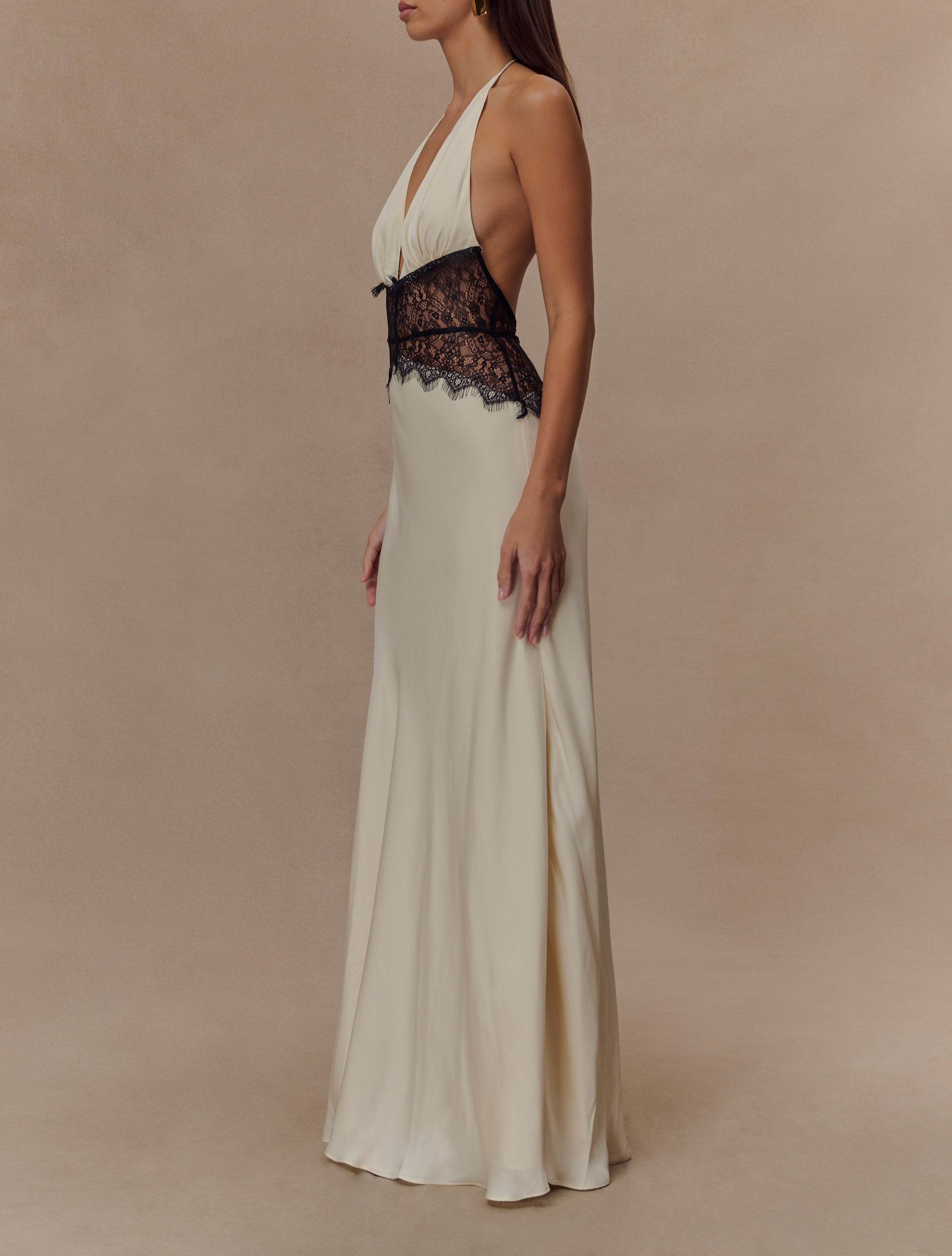Black/ivory Lace And Satin Maxi Dress