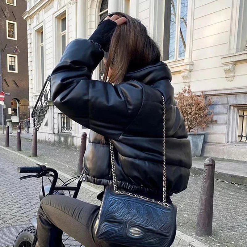 PU leather quilted jacket for women