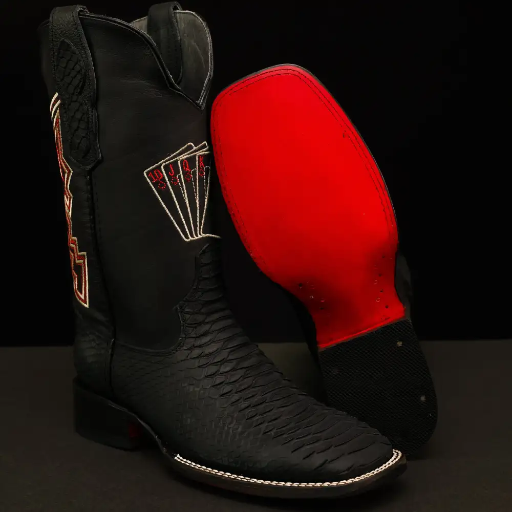 “Royal Flush” Matte Black Python Leather Boots - Square Toe