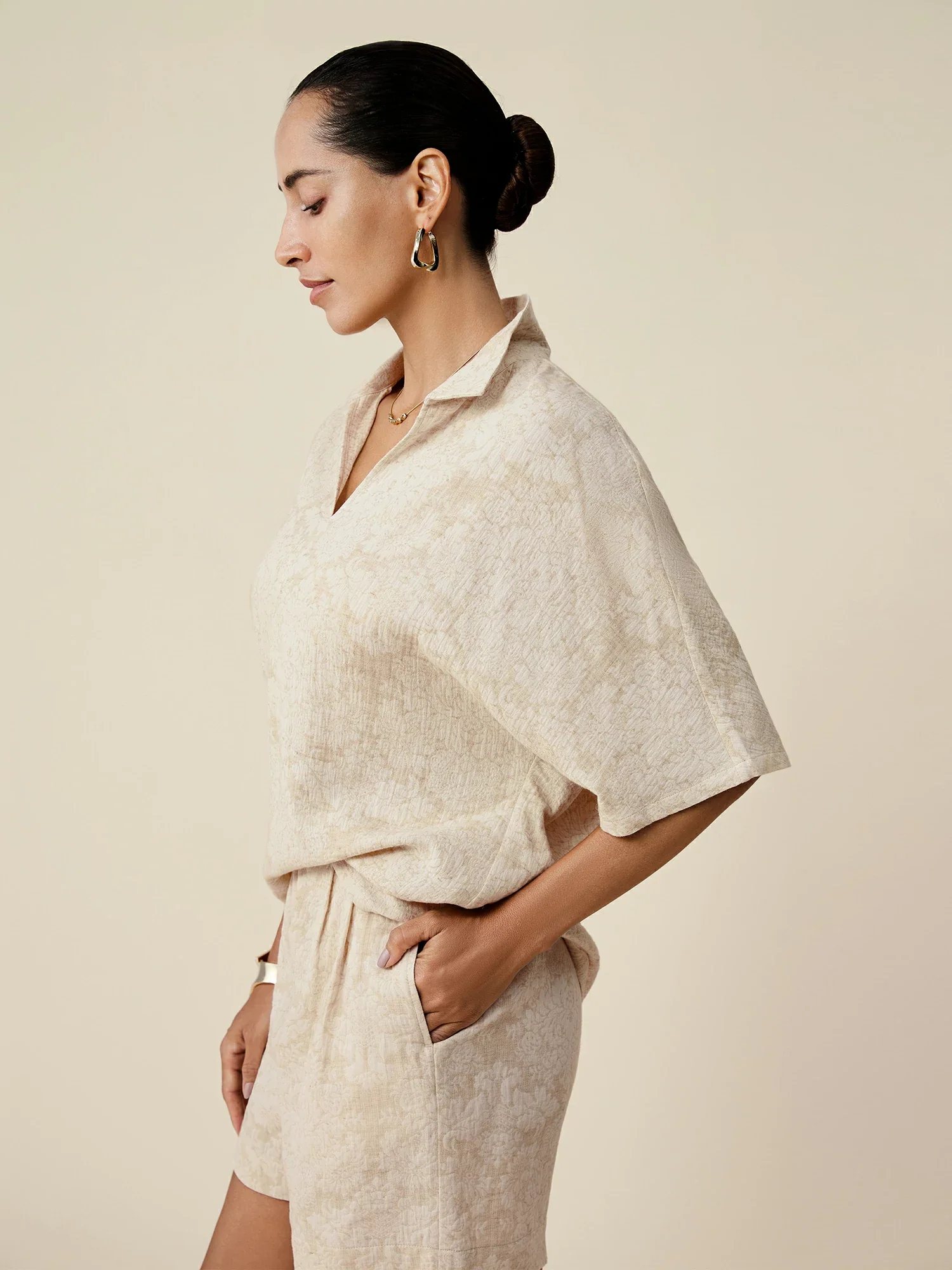 Cotton & Linen Lapel Short Sleeve Jacquard Top