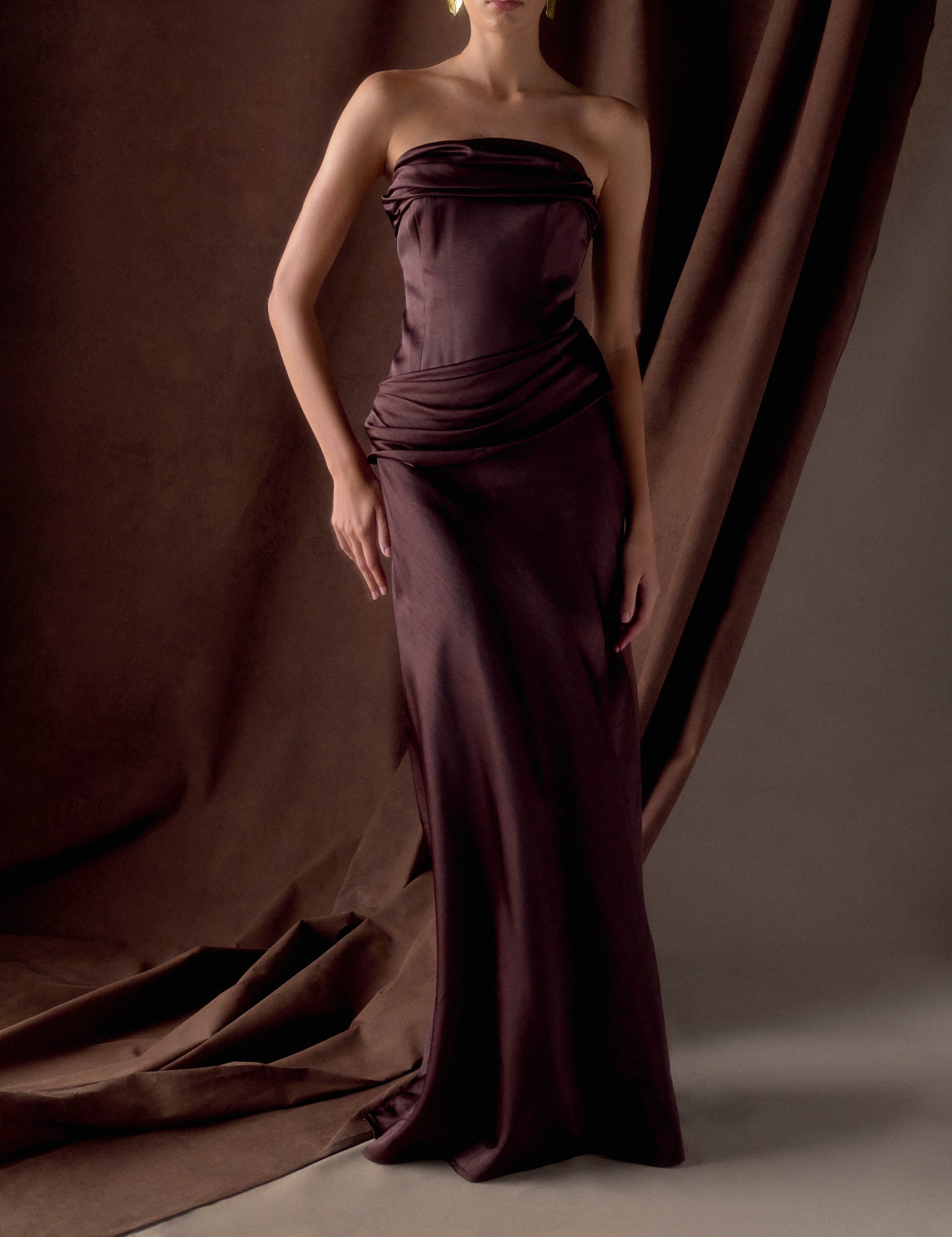 Chocolate Strapless Satin Maxi Dress