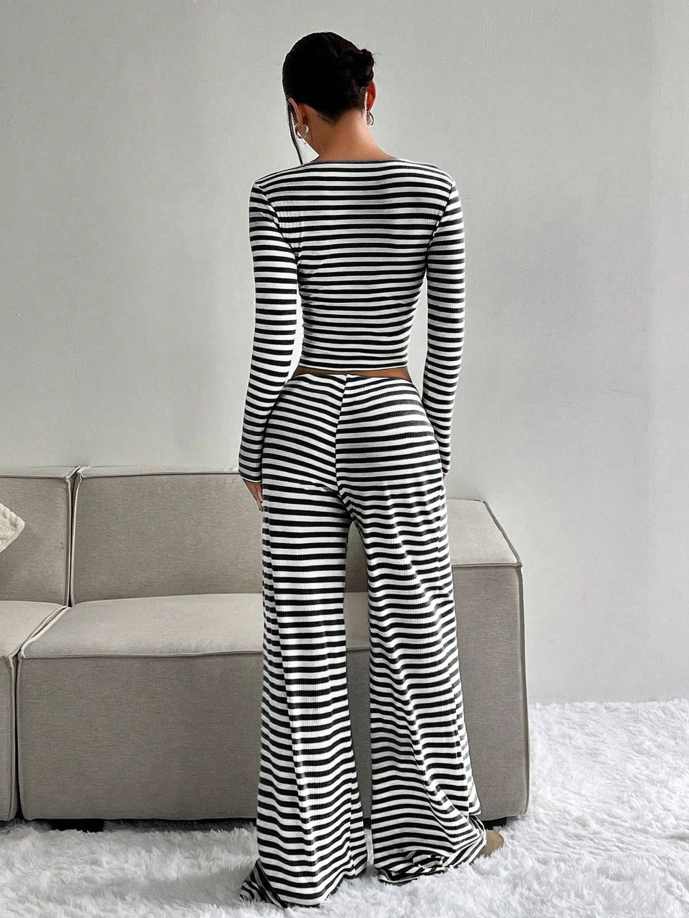 Women's Slouchy Square Neck Stripe Long Sleeve Crop Top & Low-Rise Wide Leg Trousers Co-ord, Minimalist Two Piece Outfits, Cozy Womenswear