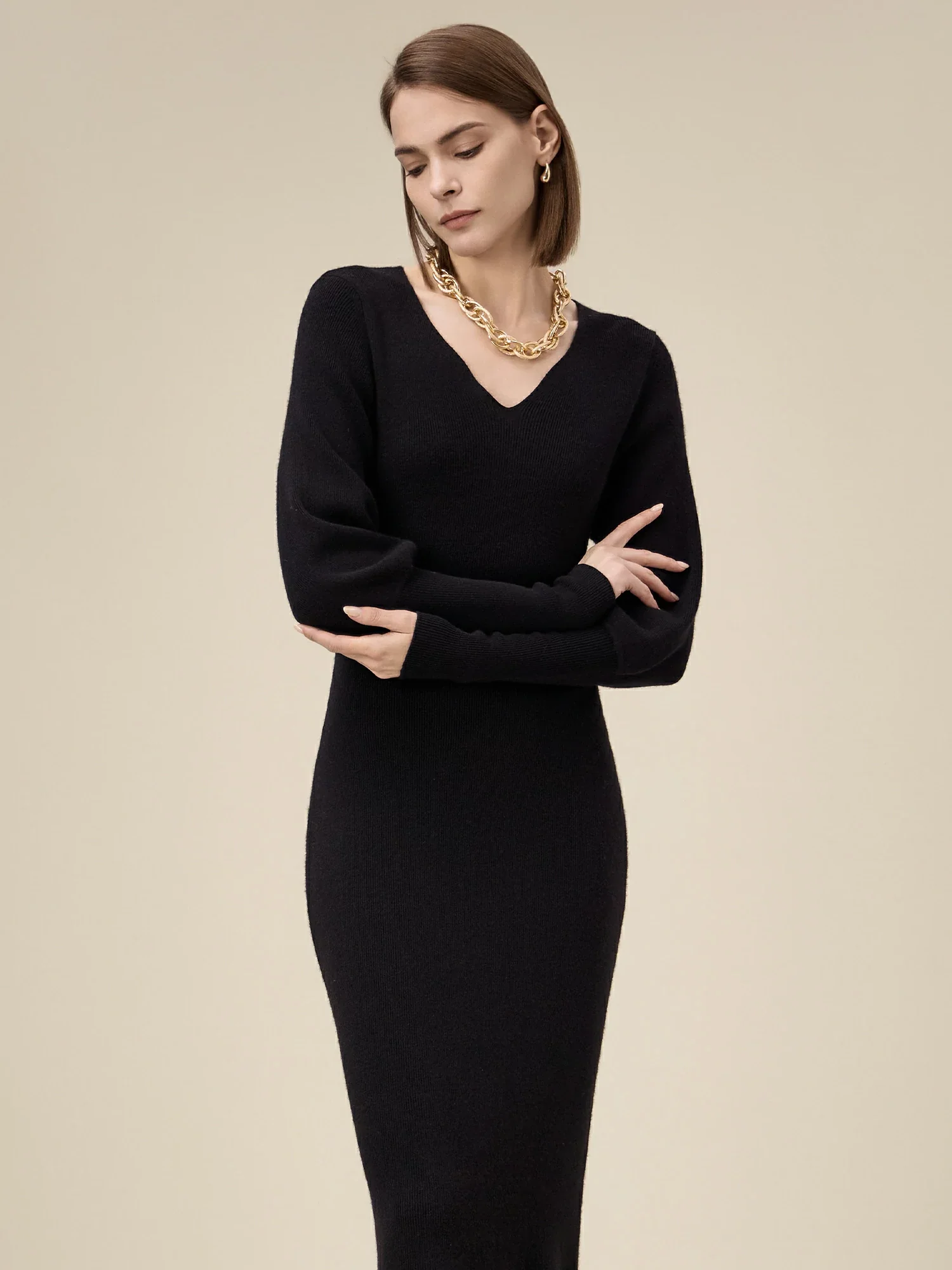 Women's 100% Wool V-Neck Knitted Dress