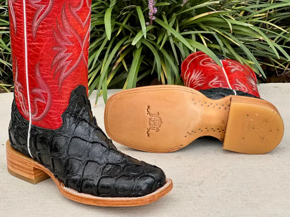 Men’s Black Pirarucu Leather Boots With Red Shaft