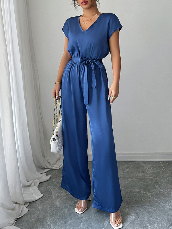 Backless Pleated Pockets Solid Color Tied Waist High Waisted Loose V-Neck Jumpsuits