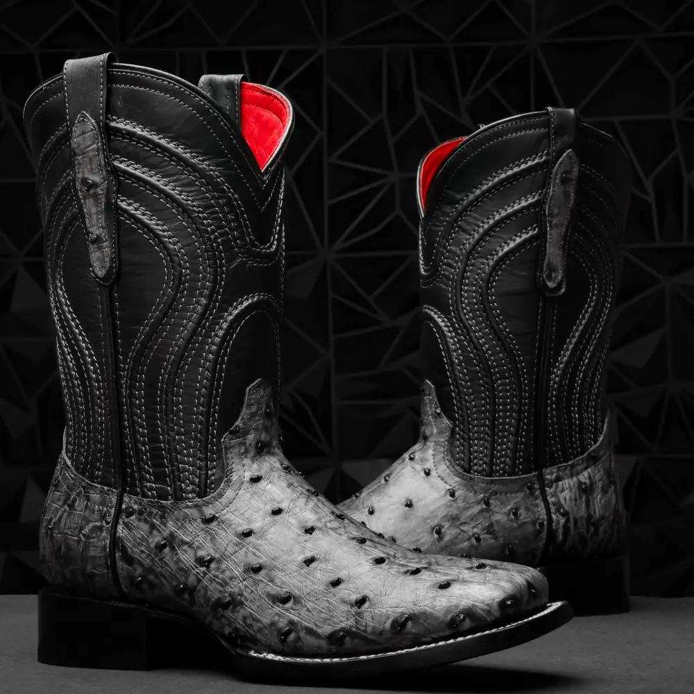 Grey Ostrich Leather Boots - Square Toe
