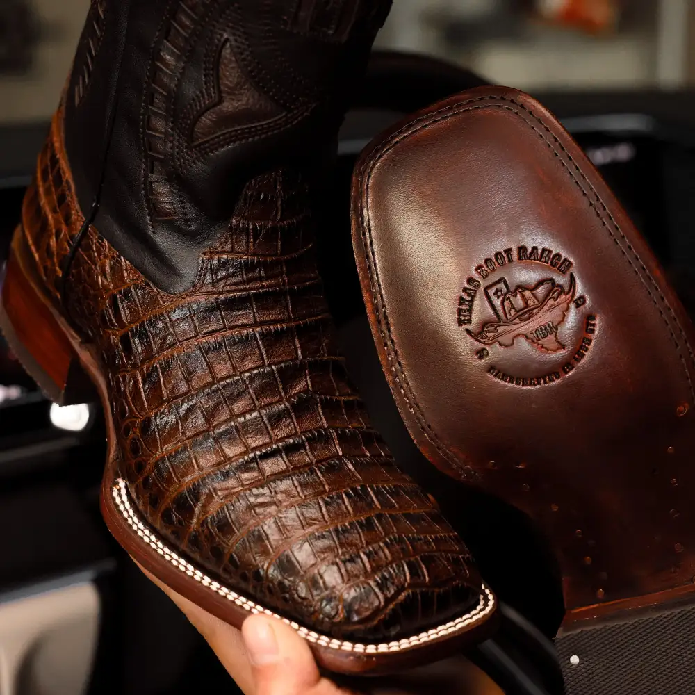 Chocolate Brown Caiman Belly Leather Boots - Square Toe