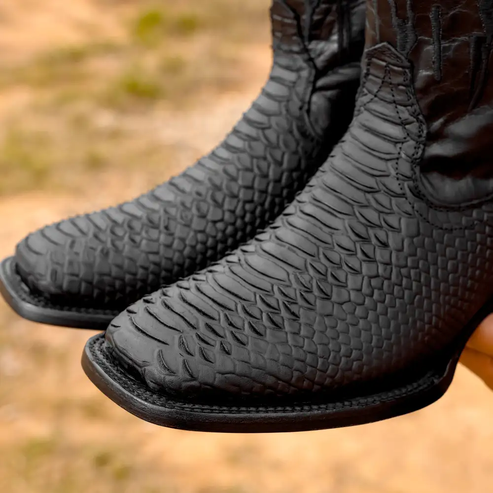 Matte Black Python Leather Boots - Square Toe