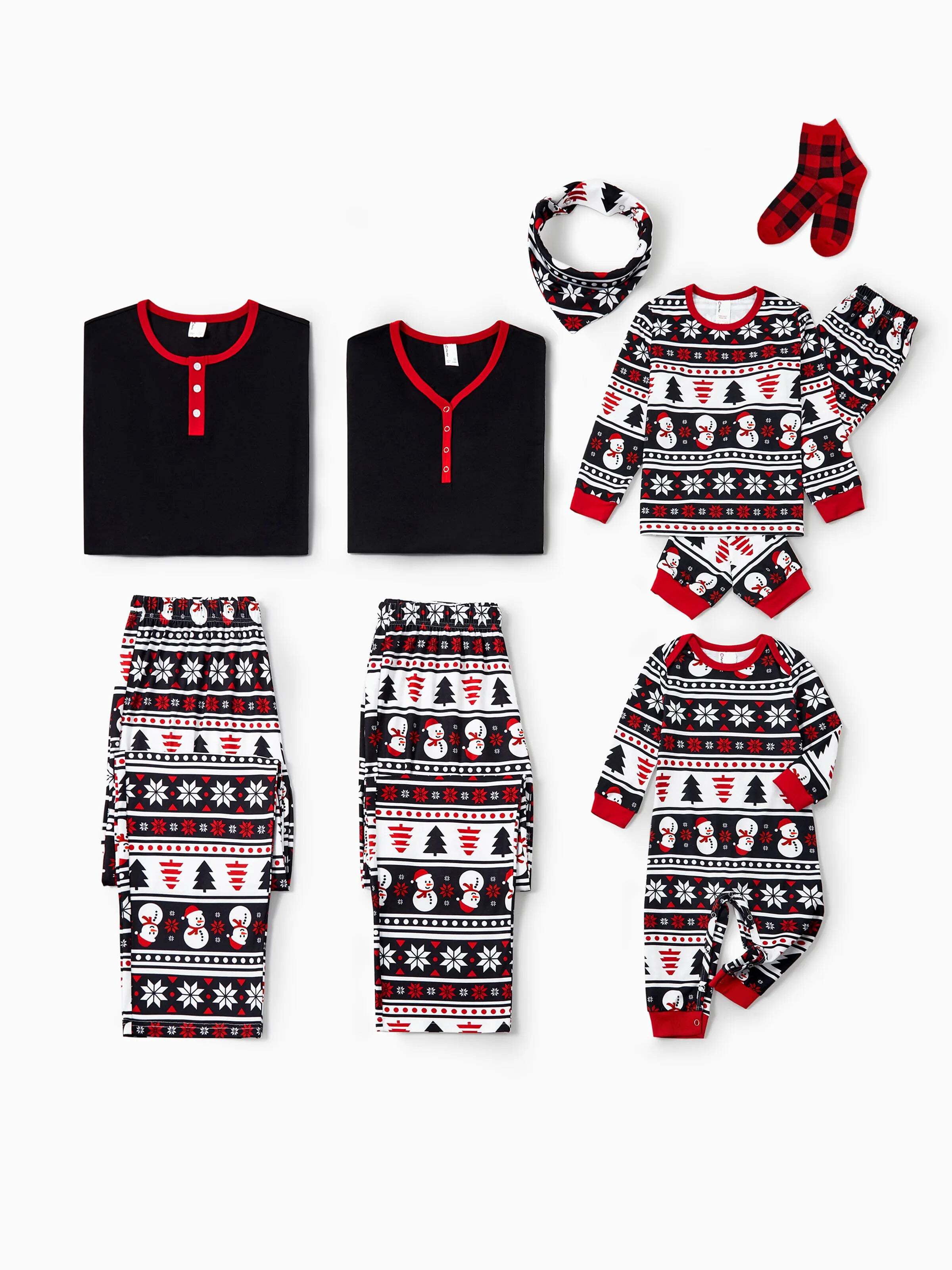 Christmas Matching Family Pajamas Set Snowman and Christmas Tree Print Black PJS with Christmas Socks Black
