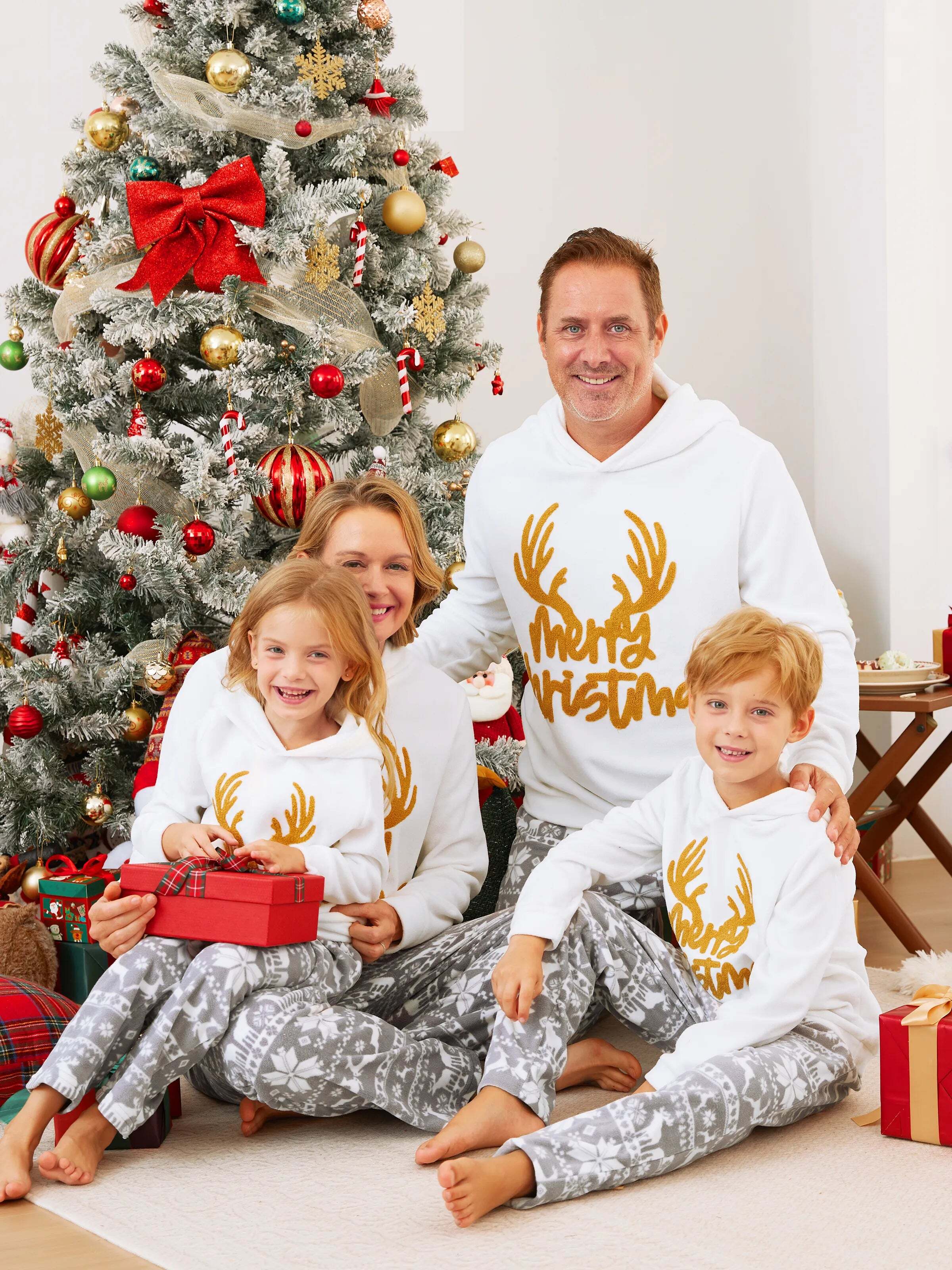 Christmas Family Matching Letters Embroidered Long-sleeve Hooded Fleece Pajamas Sets with Christmas Socks White