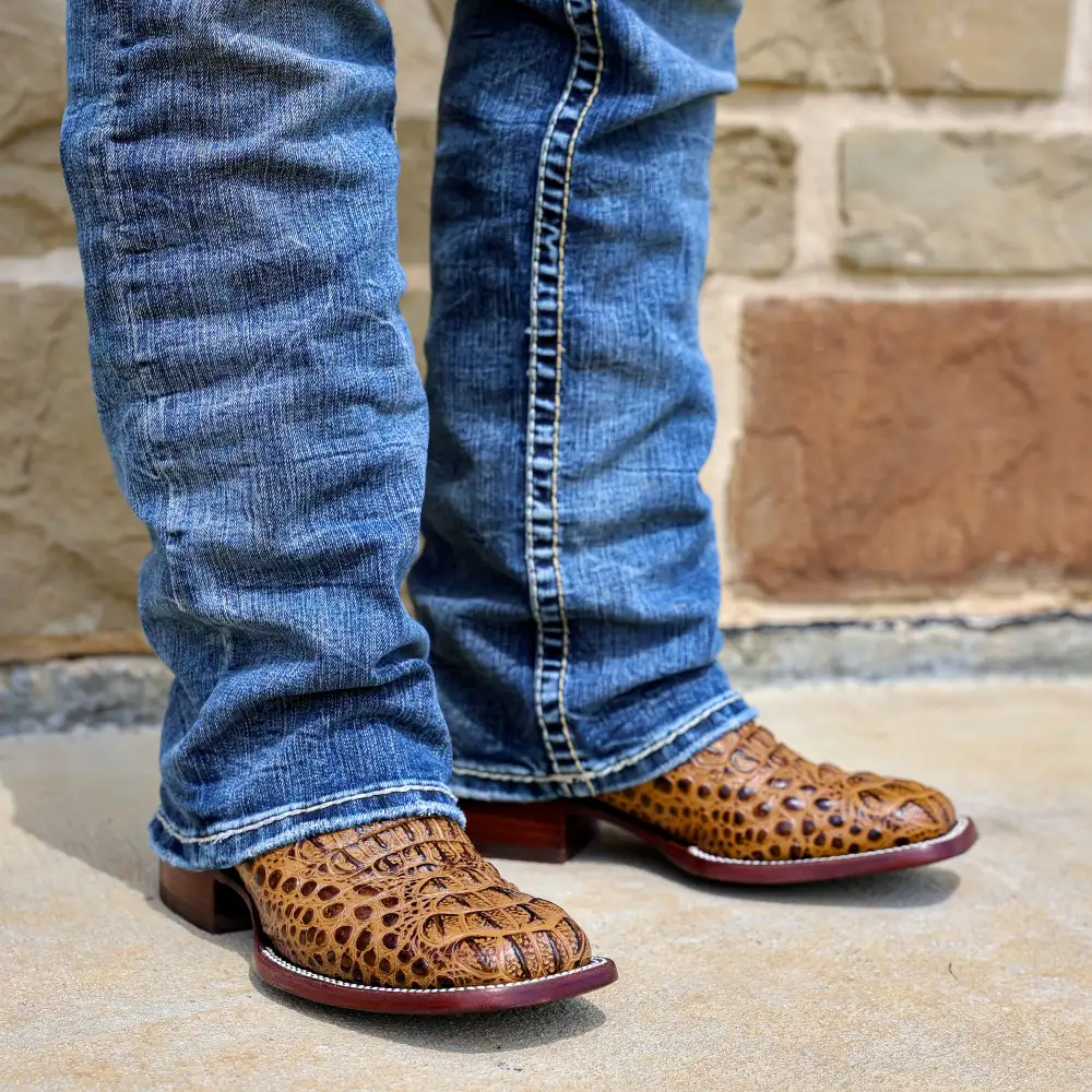 Honey Caiman Neck Leather Boots - Square Toe