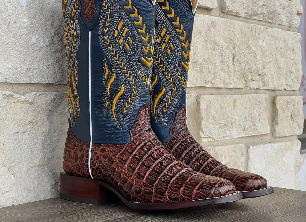 Men’s Cognac Crocodile Hornback Leather Boots With Blue Shaft