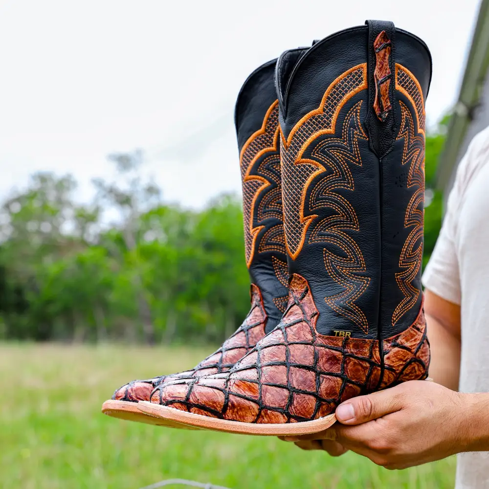 Cognac Pirarucu Leather Boots - Square Toe