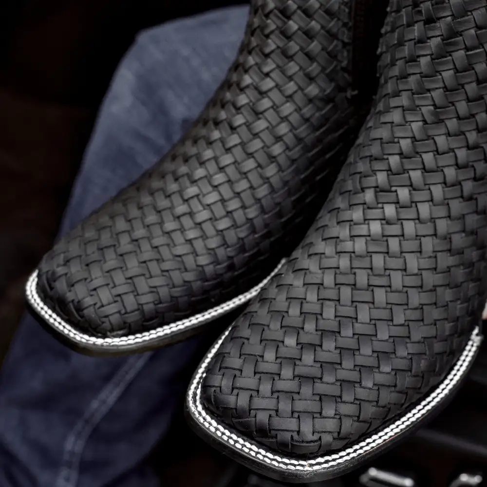 Matte Black Basketweave Leather Botines - Square Toe