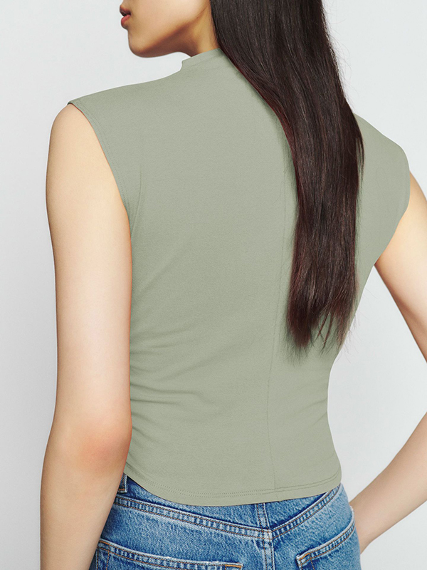 Pleated Solid Color Skinny Sleeveless Stand Collar Vest Top