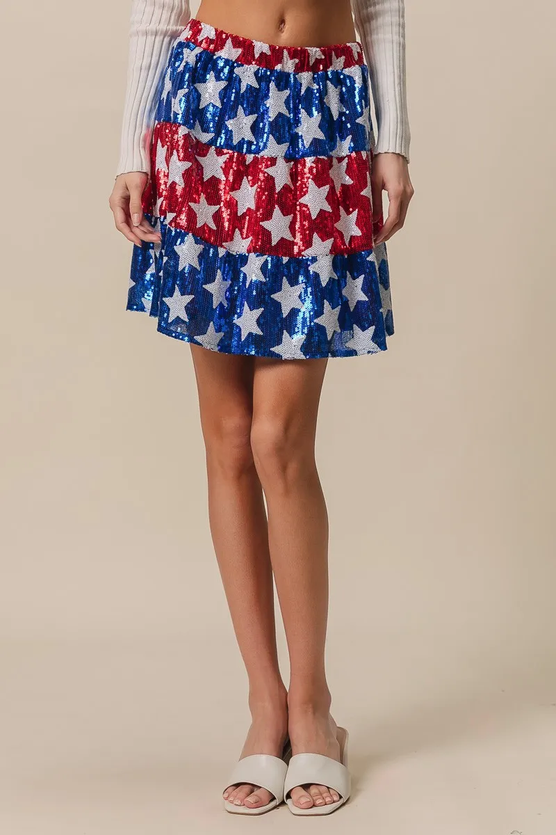American Flag Theme Star Sequin Tiered Skirt