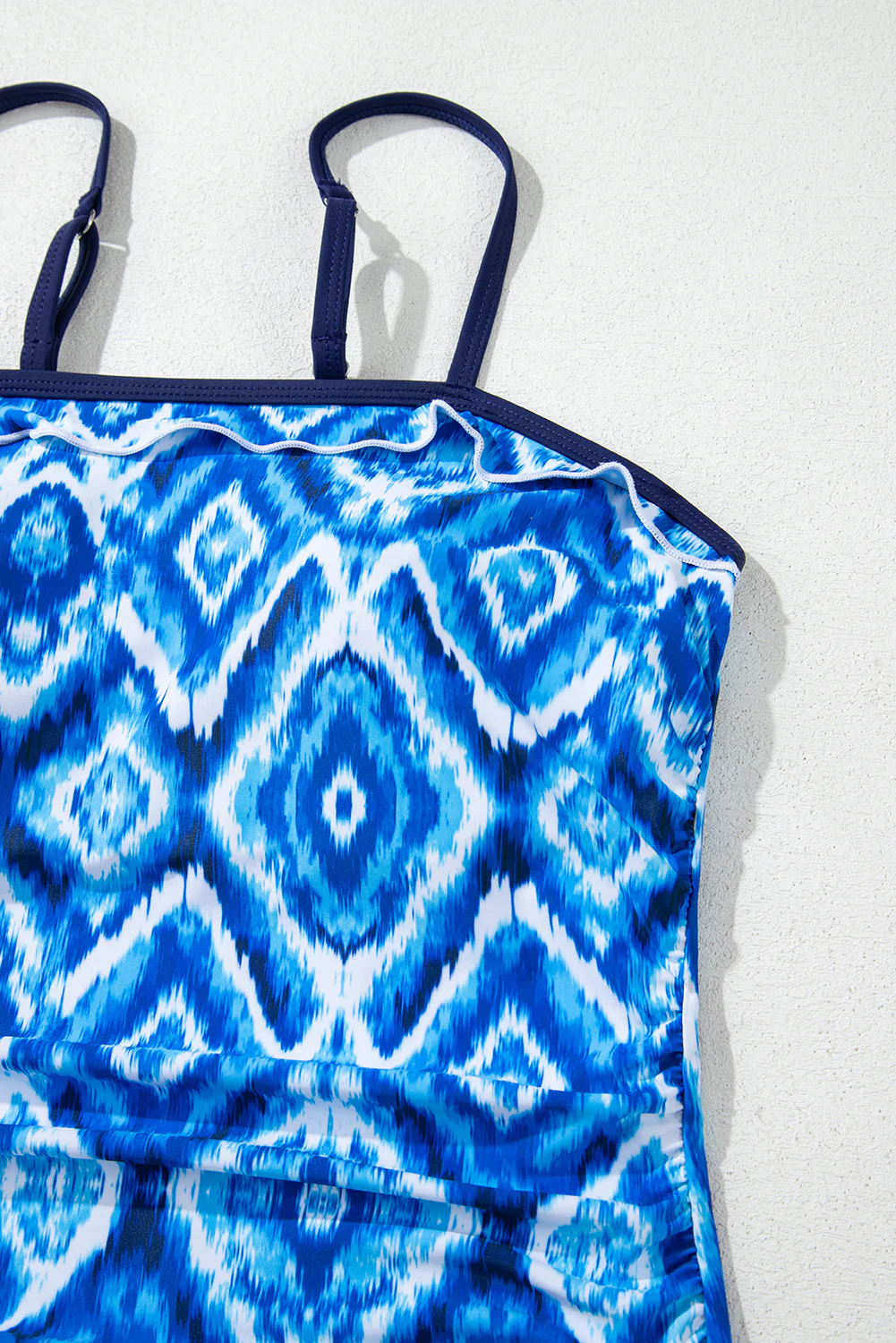 Navy Blue Abstract Print Frilled Trim Spaghetti Straps Tankini Set